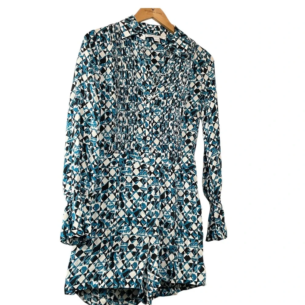 Women's DVF Geometric Print‎ Long Sleeve Mini Romper Collared Button Down